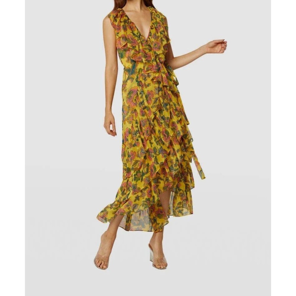 Misa Los Angeles Yellow Floral Ruffle Midi Dress